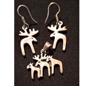 Sterling Moose Deer Family Earrings and Pendant Marked